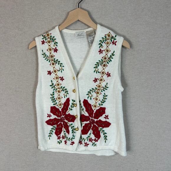 Vintage Kathie Lee Womens Knit Sweater Vest Size M Embroidered Beaded Christmas - Picture 1 of 8